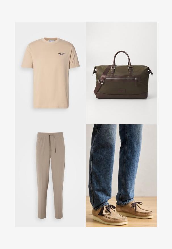 T-shirt de algodão bege com mangas curtas, decote redondo e um pequeno logotipo azul-marinho no lado esquerdo do peito. Textura suave, design simples.; Calças bege claras com cintura elástica, cordão ajustável e pernas ajustadas. O tecido parece suave com um leve brilho.; Mocassins em camurça na cor tan com detalhe em castanho escuro, bico arredondado e sola branca acolchoada. Apresenta design com atacadores e costuras decorativas.; Saco de duffle em lona na cor verde-oliva com pormenores em couro castanho, apresentando duas alças, uma alça de ombro destacável e um bolso frontal com fecho de correr.
