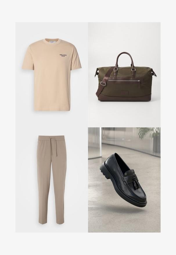 T-shirt de algodão bege com mangas curtas, decote redondo e um pequeno logotipo azul-marinho no lado esquerdo do peito. Textura suave, design simples.; Calças bege claras com cintura elástica, cordão ajustável e pernas ajustadas. O tecido parece suave com um leve brilho.; Mocassins de couro preto com acabamento liso, tassel decorativo, sola grossa de borracha e detalhes costurados. Design leve e elegante.; Saco de duffle em lona na cor verde-oliva com pormenores em couro castanho, apresentando duas alças, uma alça de ombro destacável e um bolso frontal com fecho de correr.