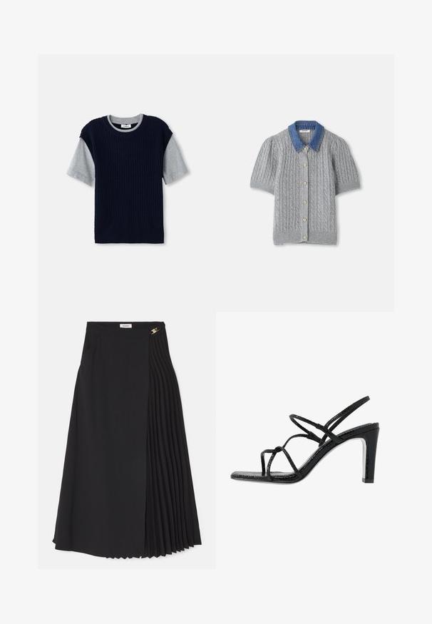Marineblåt strikket sweater med grå korte ærmer, rund hals og ribbet tekstur. Har farver i kontrast i et lagdelt design.; Grå strikket kortærmet cardigan med et kabelmønster, som har en denimkrave og fem guldknapper foran.; Sort midikjole med plisseret design på den ene side, lavet af letvægtsstof med usynlig lynlås og sidelommer.; Sorte hælede sandaler med tynde stropper, en tekstureret overflade, åben tå og et slankt, spidst hældesign. Har en glat indersål og en skinnende overflade.