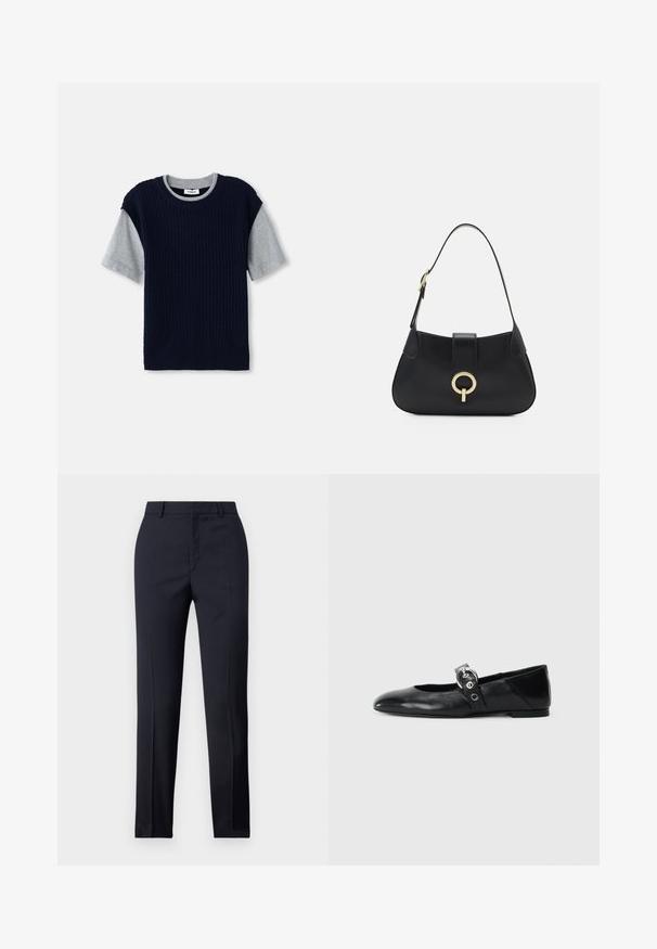 Tumedast sinine kudum, hallide lühikeste varrukatega, ümar kaelus ja sooniline tekstuur. Omab kontrastseid värve kihilise kujundusega.; Tumed kohandatud püksid sirge lõikega, millel on sile tekstuur, kaks esist taskut ja puhas vöökoht.; Mustadest nahast balleti kingad terava varbaga, millel on rihm ümmarguse metallist pandlaga ja lame tald.; Must musta nahkrahakott, millel on kaarjas siluett, lühike rihm, keskmise kullatooni metalldetail ja sile tekstuur. Pole nähtavaid mustreid ega lisandeid.