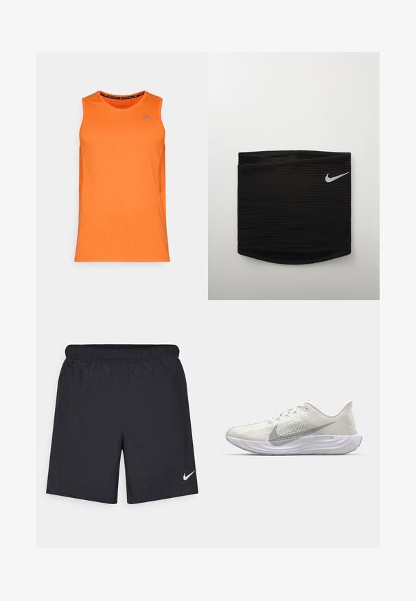 Orange ärmelloses Sporttanktop mit einem Netztextur an den Seiten und einem blauen Logo auf der Brust. Glattes Material, Rundhalsausschnitt.; Schwarze sportliche Shorts aus leichtem Material mit einem elastischen Bund. Auf der unteren linken Seite befindet sich ein kleines weißes Nike-Logo.; Weißer Sportschuh mit einem atmungsaktiven Mesh-Obermaterial, strukturiertem Swoosh, gepolsterter Sohle und subtilen grauen Akzenten an der Seite. Leichtes Design.; Schwarzer, athletischer Bund mit gerippter Textur, der auf der rechten Seite ein kleines weißes Nike Swoosh-Logo aufweist. Glattes, enges Design.