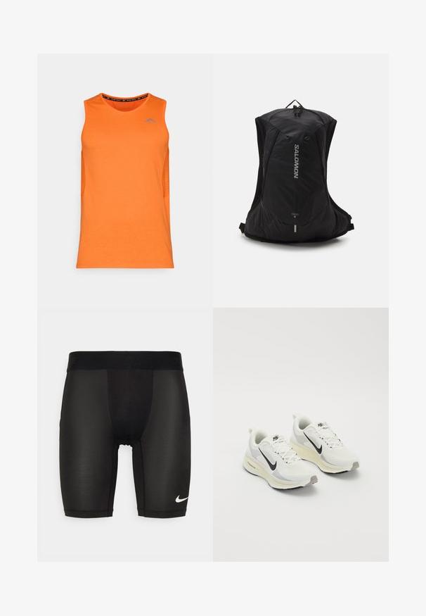 Pomarańczowy bezrękawnik sportowy z siateczkowymi wstawkami po bokach i niebieskim logo na piersi. Gładka tkanina, okrągły dekolt.; Czarne spodenki sportowe wykonane z gładkiego, elastycznego materiału. Posiadają szeroki pas ze wytłoczonym logo oraz małe białe logo na nogawce.; Buty do biegania wykonane z białej, oddychającej siateczki z jasnoszarymi akcentami. Posiadają czarny logo w kształcie „swoosh” oraz jasnoszary gumowy bieżnik.; Salomon CROSS 8 UNISEX czarny