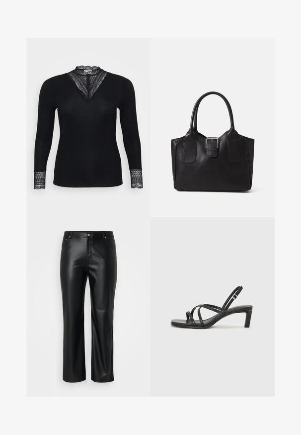 Melns garu piedurkņu tops ar ribu tekstūru, ar mežģīņu akcentiem ap kakla izgriezumu un piedurknēm, un V formas izgriezuma dizainu.; Melnas mākslīgās ādas bikses ar taisnu griezumu, ar jostas cilpām, priekšpogu kabatām un rāvējslēdzēju ar pogu aizdari. Gluda tekstūra.; Melnas strappy sandales ar kvadrātveida purngaliem un zemu bloku papēdi. Ievērojamas ar vairākiem plāniem siksniņām un regulējamu potītes siksniņu. Izgatavotas no gludas ādas.; Melnas ādas somiņa ar gludu tekstūru, strukturētu formu, divām rokturām un izteiktu sudraba sprādzi priekšpusē.