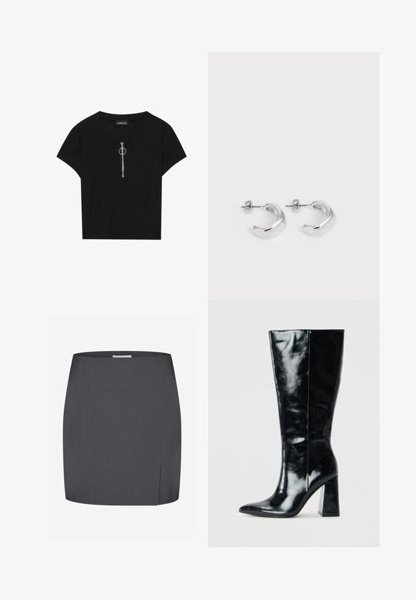 Top scurt cu mâneci, negru, cu un guler rotund și un fermoar frontal cu un inel metallic, realizat dintr-un material texturat.; Envii SPLIT - Fustă tip creion - grey; Botine negre până la genunchi, realizate din piele lucioasă, cu vârf ascuțit și toc geometric robust cu o textură netedă.; Cercei rotunzi din argint cu o finisare netedă și lustruită. Formă rotundă cu un design ușor curbat și margini armonizate. Închidere cu pini.