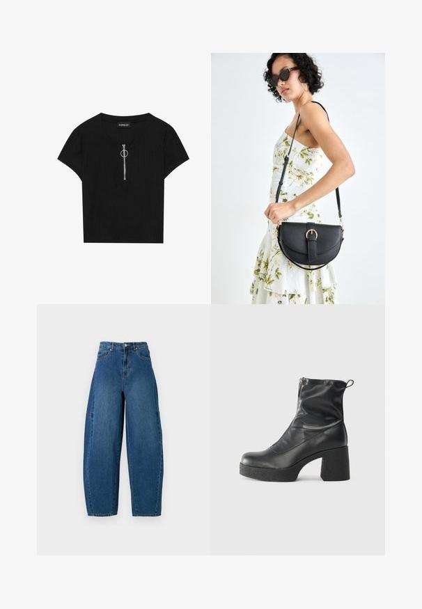 Black ribbed short-sleeve top featuring a round neckline and a front zipper with a metallic ring pull, made from a textured fabric.; Denim jeans in a medium blue wash, featuring a high waist, wide leg cut, and standard five-pocket design with visible stitching details.; Black ankle boots made of smooth leather, featuring a side zipper, chunky textured heel, and rounded toe design.; Black leather handbag with a curved shape, detachable strap, and gold hardware. The bag features a flap with a buckle detail.