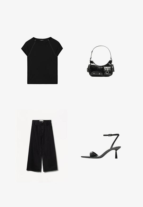 Svart kortärmad topp med rund halsringning och kontrasterande vit sömnad längs axlarna och sidorna. Mjuk, slät tyg.; Bershka WIDE-LEG - Wide leg - black; Bershka Sandaletter - black; Svart lackläderhandväska med en rundad form, en axelrem, framfickor och detaljer i silverfärg.