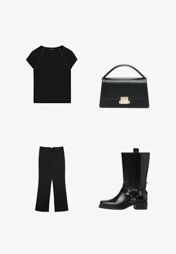 Sort kortærmet top med rund halsudskæring og kontrastfarvet hvid syning langs skuldre og sider. Blødt, glat stof.; Sorte bukser med lige pasform, der har frontlommer og slidser i kanten. Lavet af blødt, glat stof. Velegnet til forskellige anledninger.; Sort læderknæhøj støvle med spids tå, sølv spænde detaljer og en robust hæl. Har en trækflap for nem påtagning.; Sort læderhandtaske med et struktureret design, topbærerhåndtag og en detalje i guldfarvet metalklap på fronten. Glat tekstur, minimal syning.
