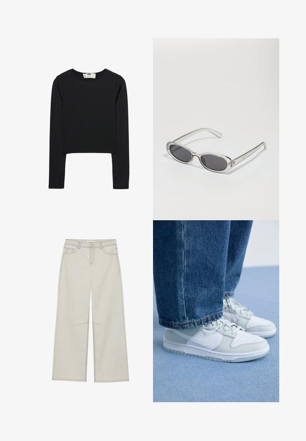 Czarny długi rękaw crop top wykonany z lekkiego materiału, z okrągłym dekoltem i dopasowanym krojem, z czystymi szwami i bez ozdób.; Jasnoszare spodnie szerokie w nogawkach z pięcioma kieszeniami, zapinane na guzik z przodu, z kontrastującymi szwami. Materiał wydaje się miękki i trwały.; Sneakers Nike w białej i jasnoszarej skórze, z perforowanym czubkiem, płaskimi sznurowadłami i gumową podeszwą, w zestawie z niebieskimi dżinsami.; Okulary przeciwsłoneczne w owalnym kształcie, z przezroczystą plastikową oprawą, ciemnoszarymi soczewkami oraz cienkimi przezroczystymi ramionami z akcentami logo i minimalnymi detalami.