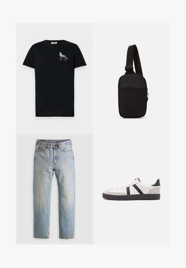 Zwarte katoenen t-shirt met korte mouwen, voorzien van een witte wolfgrafiek en de tekst "WALK ALONE" op de voorkant.; Lichtblauwe denim jeans met hoge taille, frontknop, rits en vijfzakkenontwerp, plat gelegd op een neutrale achtergrond.; Witte sneaker met zwarte en grijze accenten, voorzien van een grijze neus met textuur, zwarte rubberen zool en platte witte veters. Schoon ontwerp, minimalistische stijl.; Zwarte schoudertas gemaakt van duurzaam stof, met een enkele verstelbare schouderband, een gepartitioneerd hoofdcompartiment met rits en een voorvak.