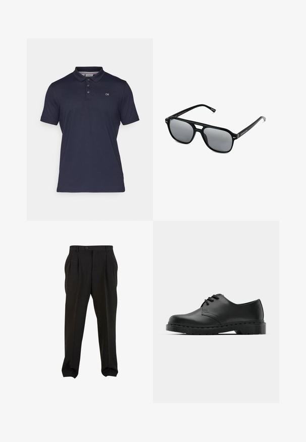 Navy sininen polo-paita, joka on valmistettu sileästä puuvillasta, ja siinä on klassinen kaulus, kolmonen napitus ja pieni brodeerattu CK-logo.; Mustat housut sileällä kankaalla, etupuolelta laskostetut, napilla varustettu vyötärö ja kapenevat nilkkaleikat. Klassinen hyvin istuva siluetti.; Musta nahkainen oxford-kengät, joissa on nauhakiinnitys, pyöreä kärki, litteä kumipohja ja hillitty ompelutaito yläosassa.; Mustat aurinkolasit suorakulmaisilla kehyksillä, harmaasävyisillä linsseillä ja siltaleikkauksella. Tyylikäs, kiiltävä muovimateriaali, kapeilla temppeleillä.