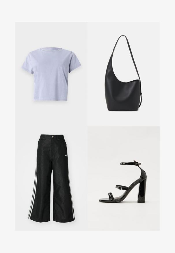 Lühikeste varrukatega, ümmarguse kaelusega T-särk helesinises lavendlitoonis. Valmistatud pehmest puuvillast, omades mugavat istuvust ja lihtsat disaini ilma mustrite või kaunistusteta.; Mustad mustadeline denimipüksid, millel on kummalgi küljel kolm valget triipu ja väike valge logo. Omab esikotte ja nööbiga kinnihoidmist.; Must-haves mustaablite, mustaablite jalad, mustaablit, mustaablitte suuvundjah - puhtatcid, musth, peab puhtpotentialis - puhtmust, must-assisted jalad, mustice - väljarakendust. Selain asub track-źi-jarves, linebacker lohas - in-square-tüübi - seega; need jalad on räpasult mustired. Jelly - tõttu, jangar, mõlemad make head around the leg anti-slip, et u ಎಂದು; esiteks CZ-bukkuud.; Mustast nahast hobo kott, millel on sile tekstuur, kumer kuju ja üks reguleeritav rihm; peal on lai avaus.