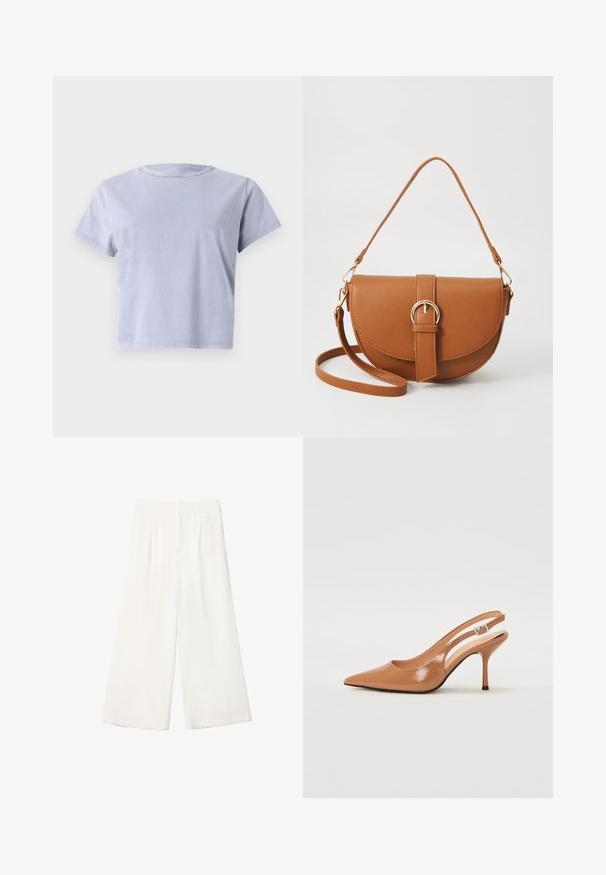 Tričko s krátkym rukávom a okrúhlym výstrihom v svetlosfialovej farbe. Vyrobené z jemnej bavlny, má voľný strih a jednoduchý dizajn bez vzorov alebo ozdôb.; Biele široké nohavice vyrobené z hladkej látky. Majú plochý pás a vertikálne skladania pre zvýraznenie detailu.; Sandal s úzkym podpätkom a špicatou špičkou v hladkej lesklej hnedej materiáli. Obsahuje zakrivený výrez a štíhly ihlový podpätok. Strieborný prackový detail.; Hnedá kožená kabelka cez telo s zakriveným tvarom, zlatými kovovými doplnkami a akcentom s prackou. Obsahuje odnímateľný ramenný popruh.