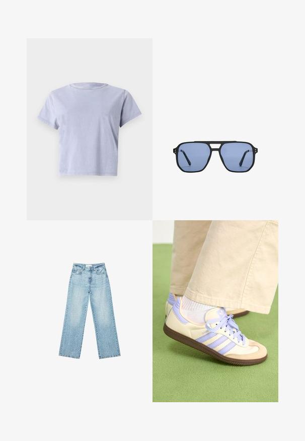 Paita lyhyillä hihoilla, pyöreäkauluksella vaaleanlaventelinvärisenä. Valmistettu pehmeästä puuvillasta, jossa on rento istuvuus ja yksinkertainen muotoilu ilman kuvioita tai koristeluja.; Vaaleansiniset leveälahkeiset farkut korkealla vyötäröllä, joissa on haalistunut pesu ja pieniä, satunnaisia kulumisia ympäriinsä.; Kermasilta ja laventelilta näyttävät lenkkarit kolmella raidalla ja teksturoidulla ruskealla pohjalla, varustettuna nauhoilla ja pehmustetulla kantapäällä. Pehmeä kangaspinta.; Stradivarius RETRO - Aurinkolasit - light blue