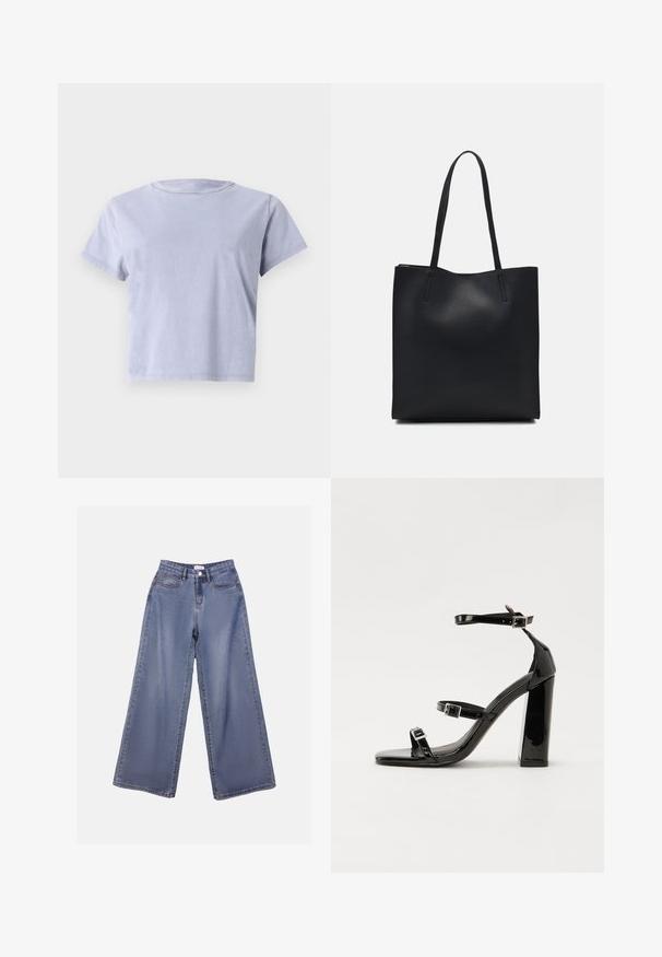 T-shirt a maniche corte, colletto a giro in lavanda chiaro. Realizzato in cotone morbido, presenta una vestibilità rilassata e un design semplice senza pattern o decorazioni.; Jeans in denim a gamba ampia di un blu chiaro, caratterizzati da una vita alta, tasche frontali e una chiusura con bottone e passanti per cintura.; Sandali con tacco in vernice nera, con punta squadrata, cinturini alla caviglia e fibbie in argento. Presentano un tacco a blocco spesso per maggiore stabilità.; Borsa tote in pelle nera con texture liscia, forma rettangolare e due manici lunghi. Nessun hardware o decorazione visibile.