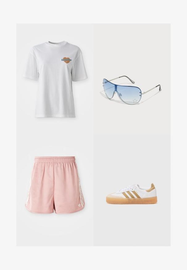 Carhartt WIP GROWTH - Apdrukāts T-krekls - white stone washed; Rozā sporta šorti ar elastīgu jostu, sānu baltas stripes detaļas un neliels logotips apakšējā kreisajā frontē. Gluda auduma tekstūra.; Baltie sporta apavi ar beigžu akcentiem, ar trim svītrām, noapaļota purngala daļa un caurspīdīga gumijas zole. Gluda ādas un tekstila materiālu kombinācija.; Pilotstila saulesbrilles ar gradienta zilām lēcām, sudraba metāla rāmjiem un dekoratīvām zvaigžņu akcentiem uz lēcām. Gluda un eleganta dizaina.