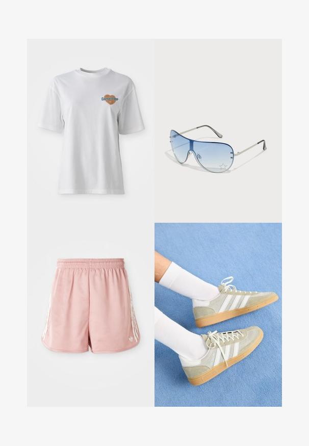 Carhartt WIP GROWTH - T-shirts med print - white stone washed; Rosa idrettsshorts med elastisk linning, hvit striping på siden og en liten logo nederst til venstre foran. Glatt stofftekstur.; Lys grå semsket lær sneakers med hvite gummidetaljer, med tre hvite striper og en gummisåle, brukt med hvite sokker på en blå bakgrunn.; Pilotbriller med gradient blå linse, sølvfarget metallramme og dekorative stjerneaksenter på linsen. Glatt og stilren design.