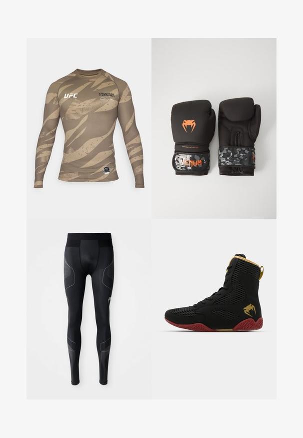Venum UFC FIGHT WEEK RASHGUARDS - Pikkade varrukatega topp - desert camo; Mustad must harjutamiseks mõeldud leggingsid, mis on valmistatud venivast materjalist, laia vöökoha, võrkpaneelide ja helendavate detailidega külgedel.; Korkeatutine sportlik king, musta võrkkangaga ja sünteetilisest materjalist, tekstuursete detailidega, punase kummitaldiga ja kuldsete aktsentidega pahkluu piirkonnas.; Mustavad krossimise kinnased, millel on mati viimistlusega ja ergonoomiline disain. Oranž logo detail ja kamuflaažimuster randmetrasside peal.