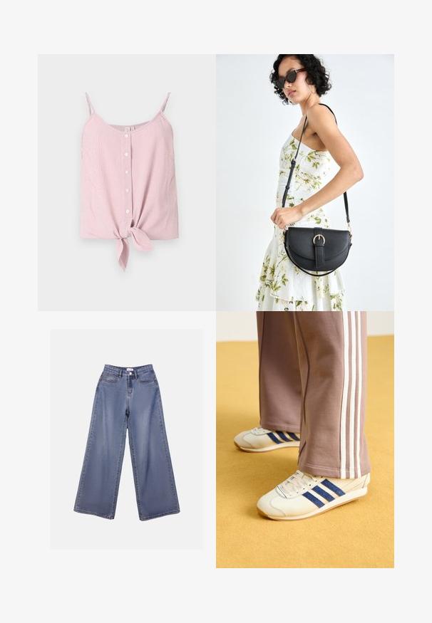 Red and white striped sleeveless top with a button-down front and a knotted hem detail. Lightweight fabric, relaxed fit, soft texture.; Wide-leg denim jeans in a light blue wash, featuring a high waist, front pockets, and a button closure with belt loops.; Cream sneakers with blue suede stripes, white laces, and a rubber sole. Paired with gray sweatpants featuring white side stripes.; Black leather handbag with a curved shape, detachable strap, and gold hardware. The bag features a flap with a buckle detail.
