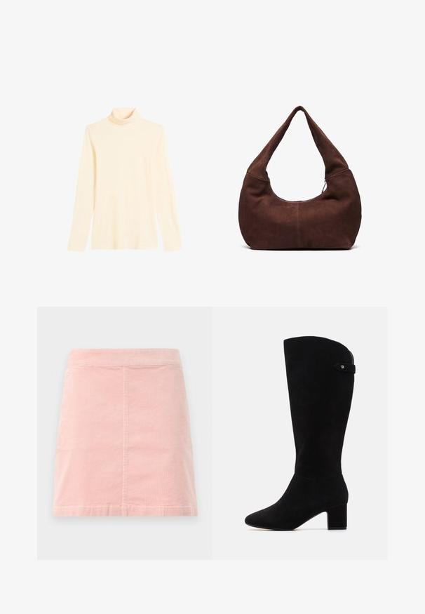 Light cream turtleneck sweater made from soft fabric, featuring long sleeves and a fitted silhouette with a high collar.; Pink corduroy mini skirt with a fitted waist and vertical ribbed texture. The hem is straight, and it features a simple design with no embellishments.; Black suede knee-high boots with a pointed toe and block heel. Features a smooth texture and a simple design, with a side strap accent.; Brown suede hobo bag with a curved, wide handle and a large opening. Soft texture with visible stitching detailing along the edges.
