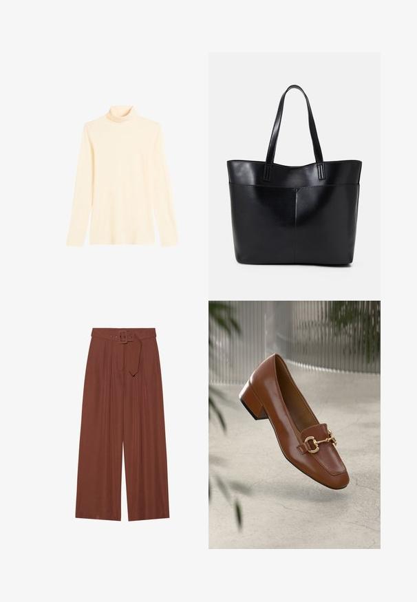 Light cream turtleneck sweater made from soft fabric, featuring long sleeves and a fitted silhouette with a high collar.; Wide-leg trousers in brown fabric, featuring a belt with a square buckle, pleated design, and smooth texture.; Brown patent leather loafer with square toe, metallic chain accent, and low block heel; smooth texture, minimalist design.; Black leather tote bag with two long handles, a smooth texture, and a structured shape. Features a front pocket for additional storage.