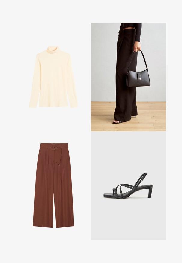 Világos krém színű garbós pulóver, puha anyagból készült, hosszú ujjakkal és testhez álló fazonnal, magas gallérral.; Barna anyagból készült, széles szárú nadrág, négyzet alakú csattal ellátott övvel, redők kialakítással és sima textúrával.; Fekete pántos szandál négyzetes orral és alacsony blokk sarkal. Több vékony pánttal és állítható boka pánttal rendelkezik. Sima bőrből készült.; Fekete kézi táska strukturált formával, sima textúrával és fémből készült záródással. Széles fekete nadrággal és nyitott orrú szandállal párosítva, fából készült padlón.