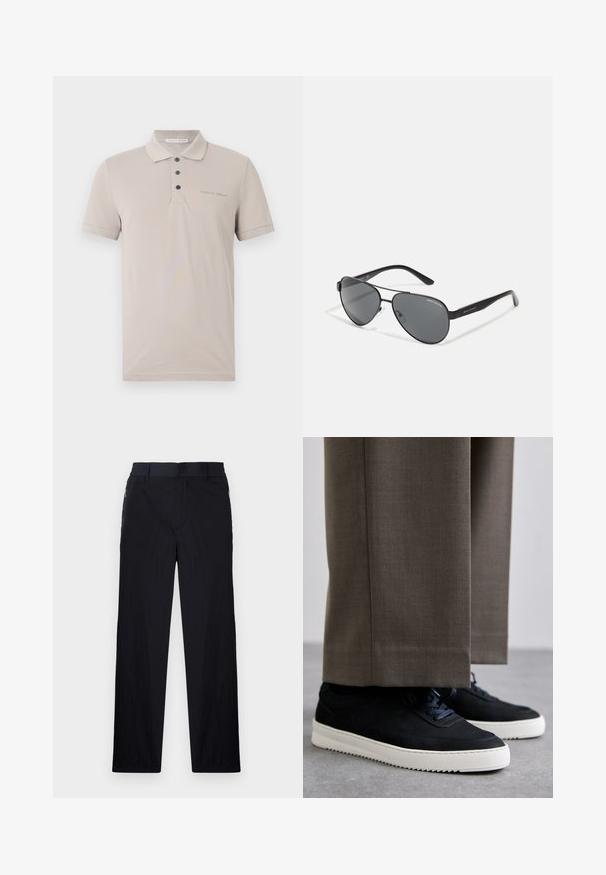 Bež srajca polo iz mehkega materiala. Ima ovratnik, tri gumbe in subtilno znamčenje na levi strani. Kratki rokavi.; Črne hlače iz lahke, teksturirane tkanine, ravne noge, elastičen pas in stranski žepki na zadrgo.; Črne nubuk teniske z belimi gumijastimi podplati, ki imajo zaobljen nos in vezalke, oblečene z sivimi krojenimi hlačami.; Črne aviatorske sončna očala s temnimi lečami, tankim kovinskim okvirjem in vitkimi plastičnimi ročaji z logotipnimi detajli.