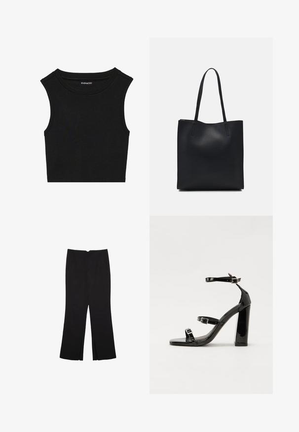 Schwarzes ärmelloses Crop-Top mit gerippter Textur. Es hat einen runden Ausschnitt und breite Schulternaht. Hergestellt aus einem dehnbaren Stoff.; Schwarze Hose mit geradem Schnitt, ausgestattet mit Fronttaschen und Seitenschlitzen am Saum. Hergestellt aus weichem, glattem Stoff. Geeignet für verschiedene Anlässe.; Schwarze patentierte Sandalen mit Absatz, quadratischer Spitze, Knöchelriemen und silbernen Schnallen. Mit einem stabilen Blockabsatz für mehr Stabilität.; Schwarze Laptoptasche aus Leder mit glatter Textur, rechteckiger Form und zwei langen Griffen. Keine sichtbaren Beschläge oder Verzierungen.