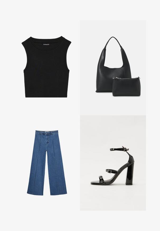 Čierny bezrukávový crop top s rebrovanou textúrou. Má okrúhly výstrih a široké ramenné švy. Vyrobený z elastického materiálu.; Rovné džínsy s širokými nohavicami v strednom modrom odtieni, so zvýšeným pásom, zapínaním na gombík a kontrastnými vertikálnymi švami pozdĺž prednej strany.; Čierne lakované sandále na podpätku so štvorcovou špičkou, navlečenými remienkami okolo členku a striebornými prackami. Disponujú masívnym blokovým podpätkom pre stabilitu.; Even&Odd Kabelka - black