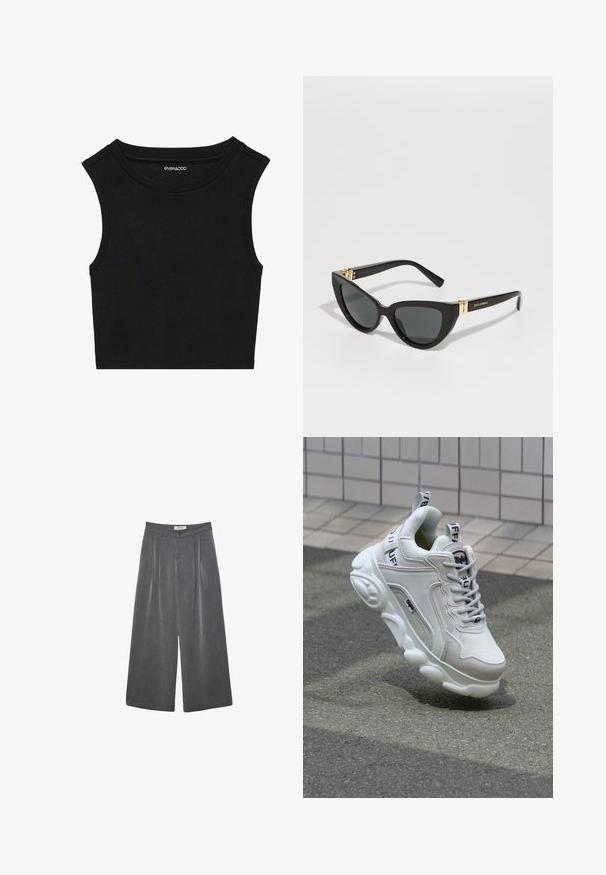 Črn brezrokavnik s teksturo reber. Ima okroglo izrezovanje in široke ramenske šive. Narejen je iz elastičnega materiala.; Nabrane hlače širokega kroja v temnosivi tkanini z diskretno teksturo. Opremljene so z gumbom za zapiranje in klasičnim oblikovanjem pasu.; Bela superga z mrežastim in usnjenim materialom, zaobljenim nosom, debelim podplatom, opaznimi vezalkami ter blagovno znamko na peti in jeziku.; Sončniki v mačjem stilu z okvirji iz črnega plastike, temnimi lečami in zlatimi poudarki na ponjavi. Gladka tekstura in drzen dizajn.; Črna hobo torba iz gladke usnje z ukrivljeno silhueto, opremljena z enim prilagodljivim trakom in minimalnimi oblikovalskimi podrobnostmi.