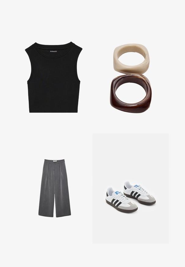 Čierny bezrukávový crop top s rebrovanou textúrou. Má okrúhly výstrih a široké ramenné švy. Vyrobený z elastického materiálu.; Záhybové nohavice s širokými nohavicami v tmavosivej látke s jemnou štruktúrou. Obsahujú zapínanie na gombík a klasický dizajn pásu.; Športové topánky s bielym koženým zvrškom, šedou semišovou špičkou a tromi čiernymi pruhmi. Obsahujú modré logo na jazyku a štruktúrovanú gumovú podrážku.; Stradivarius SET - Náramok - dark brown