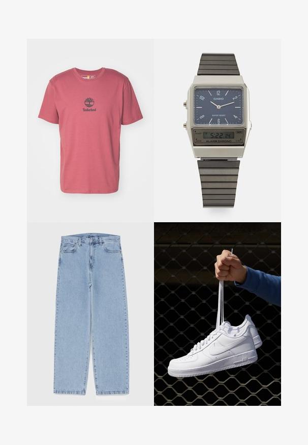 Timberland SMALL LOGO PRINT TEE LEMON PEPPER - Apdrukāts T-krekls - apple butter; Gai zila džinsu bikses ar taisnu kāju dizainu, kas piedāvā vidēju vidukļa augstumu, piecas kabatas un pogas un rāvējslēdzēja aizdari.; Baltas ādas sporta apavi ar perforācijām, apaļu purngali, plakanu zoli un biezām šņorēm, ar redzamu swoosh logo un vārdu "AIR" uz papēža.; Casio digitālā pulksteņi ar zilu ciparnīcu, sudraba korpusu un slāņainu melnu gumijas siksniņu. Parāda laiku un trauksmes iestatījumus. Ūdensizturīgs.