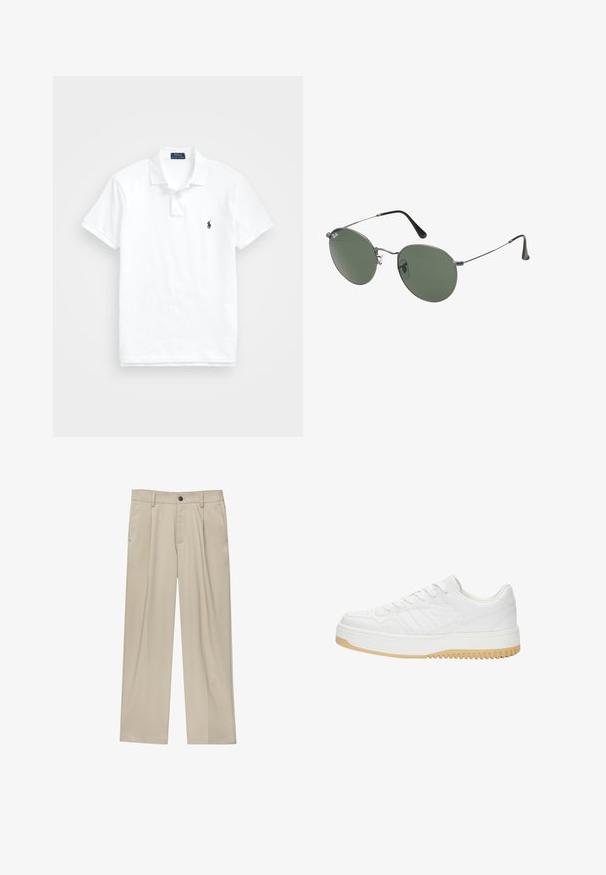 Biele polo tričko vyrobené z bavlny. Má klasický golier, trojicu gombíkov, krátke rukávy a malé námornícke logo na hrudi.; Béžové nohavice s rovný strihom, s jedným čiernym gombíkom, pútkami na opasok a bočnými vreckami. Hladká textúra látky a minimálny dizajn.; Biele kožené tenisky s textúrovaným povrchom, s gumovou podrážkou, šnurovacími detailami a subtilnými pruhmi na stranách.; Sunglass s metalovým rámom s oválnymi zelenými šošovkami. Tenký strieborný kovový rám a čierne štuple za uši. Minimalistický dizajn, bez viditeľných log.