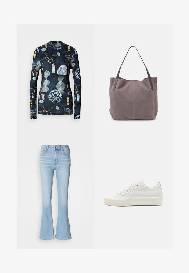 Camisa de manga larga con un fondo oscuro, que presenta patrones abstractos en múltiples colores, incluyendo formas geométricas, manos y elementos botánicos.; Jeans acampanados de color azul claro, elaborados en mezclilla con una cintura alta, que presentan un ligero desvanecimiento y un cierre de cremallera estándar.; Zapatillas de lona blancas con un upper texturizado, puntera redonda, suela plana y cordones en la parte delantera. Cuenta con un cuello ligeramente deshilachado y una lengüeta.; Bolso tote de ante gris con dos asas de cuero oscuro. Presenta detalles de costura en los laterales, una textura suave y una abertura espaciosa.; Cuatro anillos de plata con diseños variados: banda retorcida, curvas en capas, delicados cristales y una banda lisa con pequeños acentos.