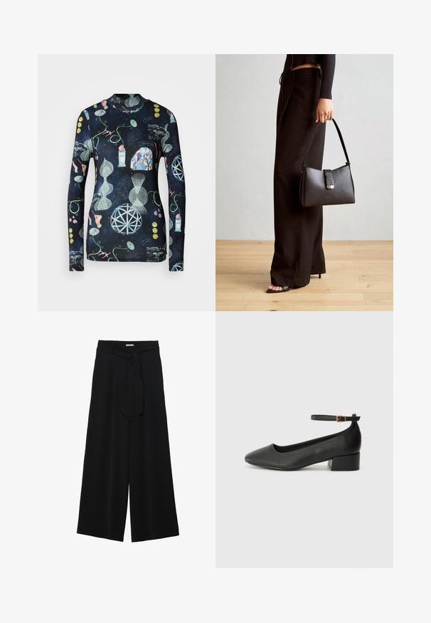 Duge rukave košulja s tamnom pozadinom, koja sadrži apstraktne uzorke u više boja, uključujući geometrijske oblike, ruke i botaničke elemente.; Crne široke hlače od teksturirane tkanine, s elastičnom pojasom i odvojivim remenom na struku za prilagodivo pristajanje.; Crne kožne pumpe s oštrim vrhom i niskom blok petom. Sadrže remen oko gležnja s zlatnim kopčanjem. Glatka tekstura.; Crna torba s oblikom koji sadrži strukturu, glađu teksturu i metalnu kopču. Uparena s širokim crnim hlačama i sandalama na otvorenom s drvenog poda.