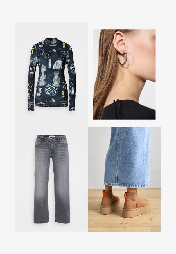 Dlhý rukáv košele s tmavým pozadím, zdobený abstraktnými vzormi v rôznych farbách, vrátane geometrických tvarov, rúk a botanických prvkov.; Sivé džínsy s rovnými legami, pätkový strih, jemné vyblednutie a gombíkový uzáver v páse.; Hnedé zamskové platformové čižmy s elastickými bočnými panelmi a oranžovými ťahákmi, v kombinácii s sukňou z ľahkého denimu po kolená, na drevenej podlahe.; Strieborná kruhová náušnica s lesklým povrchom, obsahujúca malé zlaté akcenty a okrúhly tvar, nosená na lalôčiku ucha.