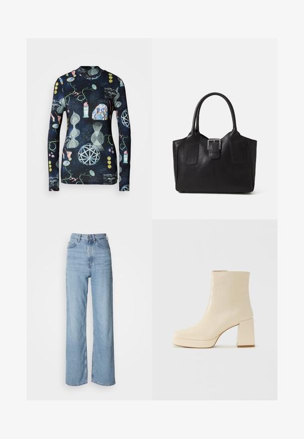 Long-sleeve shirt with a dark background, featuring abstract patterns in multiple colors, including geometric shapes, hands, and botanical elements.; Light blue high-waisted jeans with a straight leg, made of denim, featuring a front button closure and subtle fading details.; Beige leather ankle boot with block heel and platform sole, smooth finish, and slightly squared toe facing left on white background.; Black leather tote bag with smooth texture, structured shape, two handles, and a prominent silver buckle detail on the front.