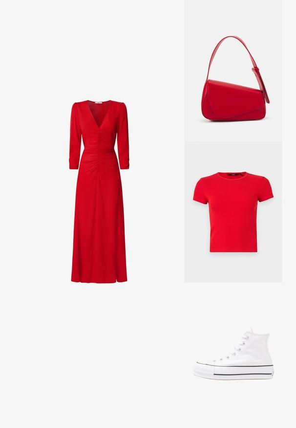 Piros bordázott, rövid ujjú póló kerek nyakkivágással és standard szabással. Simaság jellemzi, látható minták vagy díszítések nélkül.; Piros ruha V kivágással, háromnegyedes ujjakkal és gyűrt részletekkel a derékrészen és a háton. Az anyag simának és könnyűnek tűnik.; Fehér magaskorsó vászon sportcipő fekete gumi talppal, elülső gumi orrnyereggel és hat fűzőlyukkal, letisztult, minimalista dizájnnal.; Piros bőr kézitáska szögletes, geometrikus kialakítással. Egy állítható pánttal és varrott részletekkel ellátott fedélzárral rendelkezik.