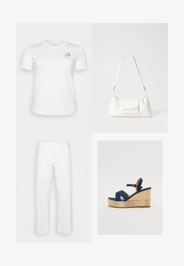 White cotton t-shirt with a crew neckline and short sleeves. Features a small black "CK" logo on the left chest. Smooth texture, classic fit.; White cotton trousers with a straight leg design, featuring a front button closure, belt loops, and subtle stitching details.; Navy blue wedge sandal with crossed straps, a textured natural fiber platform, and a gold metallic accent on the base.; White synthetic handbag with a triangular shape, flat front flap and bow detail, adjustable strap, smooth texture, and minimalistic design.