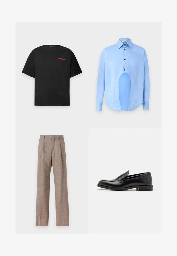 Tricou negru cu mânecă scurtă, având logo-ul text "Lee Benjamin" în roșu pe partea stângă sus a pieptului, fundal simplu.; Cămașă albastru deschis cu mâneci lungi, guler ascuțit, nasturi negri și o decupare unică în față pentru un design distinctiv.; Pantaloni bej, cu talie înaltă, dintr-un material texturat. Prezintă picioare late și două pliseuri frontale pentru structură. Finisaj îngrijit, fără accesorii vizibile.; Mocasini din piele neagră cu o textură netedă, vârf rotund și o curea decorativă peste partea superioară. Toc mic, design minimalist.