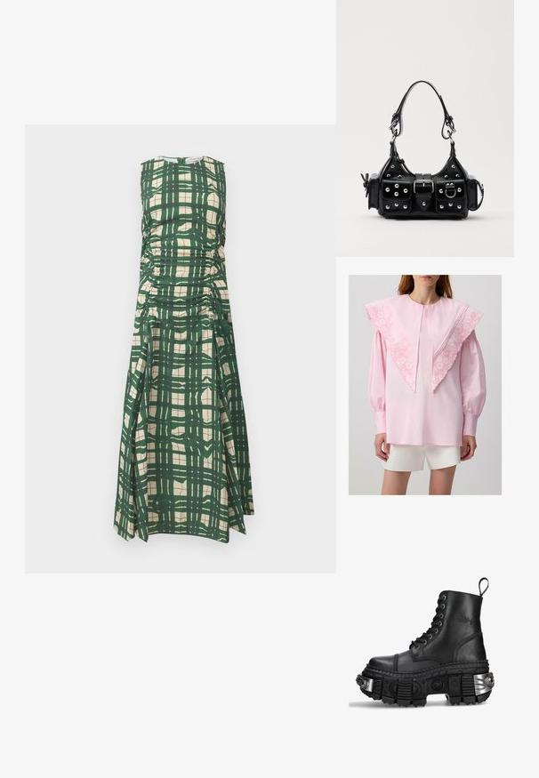 Pink blouse featuring a large, embroidered collar with floral patterns, long sleeves, and gathered cuffs, paired with white shorts.; Green and cream plaid sleeveless dress with gathered side detailing and a round neckline, made from a smooth textured fabric.; Black leather combat boot with high top, round toe, thick textured sole, silver hardware accents, and distinctive tread pattern.; Black leather handbag with a curved design, featuring silver studs, a buckle, and two side pockets. Adjustable strap for carrying options.