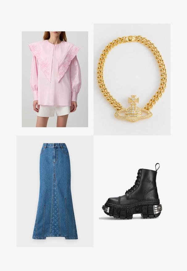 Roze blouse met een grote, geborduurde kraag met bloemmotieven, lange mouwen en geplooide manchetten, gecombineerd met witte shorts.; Denim maxi rok in middelblauw met een getailleerde taille, rechte silhouet, contrasterende rode stitching en een subtiel cirkelpatroon op de achterkant.; Zwarte leren combatboot met hoge schacht, ronde neus, dikke gestructureerde zool, zilveren hardware-accenten en een kenmerkend profielpatroon.; Gouden ketting met een centraal hanger in de vorm van een koepel, met een kruisaccent en heldere rhinestones verspreid over de hele ketting.