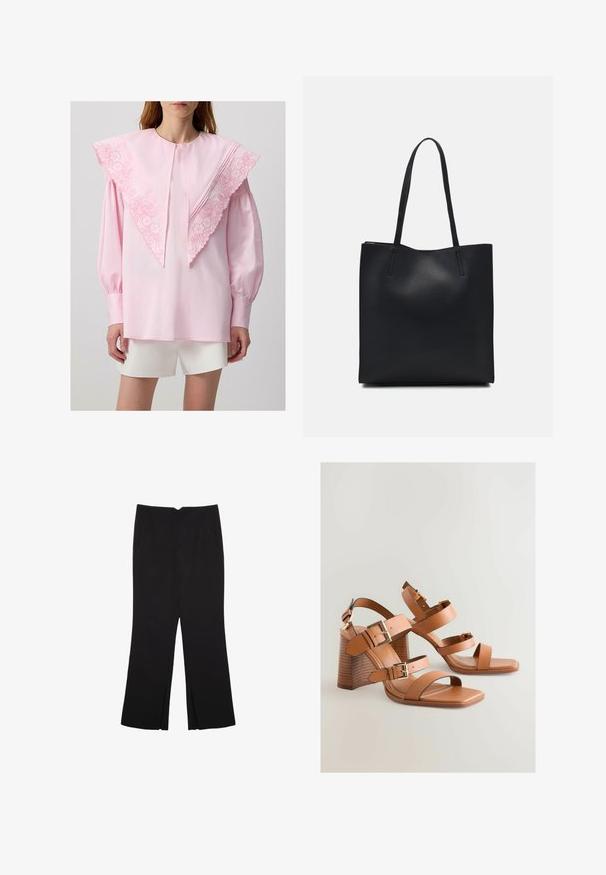 Ružičasta bluzica s velikim izvezenim ovratnikom s cvjetnim uzorkom, dugim rukavima i nabranim manžetama, u kombinaciji s bijelim šortsevima.; Crne hlače ravnog kroja, s prednjim džepovima i bočnim prorezima na rubu. Izrađene od mekog i glatkog materijala. Pogodne za razne prigode.; Smeđe kožne sandale na visoku petu s više remena, zlatnim akcentima i kutnim blok-petama. Glatka tekstura, dizajn s otvorenim prstima.; Crna kožna torba za nošenje s glatkom teksturom, pravokutnim oblikom i dvije duge ručke. Nema vidljivih metalnih dijelova ili ukrasa.