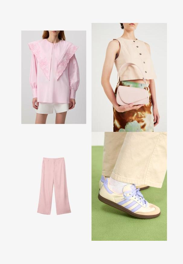 Vaaleanpunainen paita, jossa on suuri, brodeerattu kaulus kukkakuoseilla, pitkät hihat ja kerätty hihansuu, yhdistetty valkoisiin sortseihin.; Vaaleanpunaiset leveälahkeiset housut, jotka on valmistettu sileästä kankaasta. Niissä on muotoiltu vyötärö ja suoraviivaiset, virtaavat lahkeet ilman näkyviä kuvioita tai varusteita.; Kermasilta ja laventelilta näyttävät lenkkarit kolmella raidalla ja teksturoidulla ruskealla pohjalla, varustettuna nauhoilla ja pehmustetulla kantapäällä. Pehmeä kangaspinta.; Vaaleanpunainen nahkakäsilaukku, jossa on kaareva läppä, yksittäinen olkahihna ja puhtaat linjat. Laukussa on sileä pinta ja minimalistinen muotoilu.