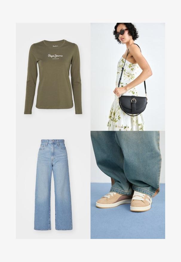 Oliivroheline pika varrukaga särk, mis on valmistatud pehmest kangast, ümarate krae ja valge "Pepe Jeans London" logo trükiga ees.; Heledad sinine kõrge vöökohaga laiad teksad, ees nupp ja tõmblukk, ees ja taga taskud, valge tausta peal.; Beežid sneaksid, millel on nubuk ja kangas, valged paelad, heledat pruuni aktsentidega ja tekstureeritud tallad. Kandu loose siniste teksadega.; Mustmust mustraha kõverate joontega, eemaldatava rihmaga ja kuldsete detailidega. Kotil on klapp, millel on pandladetail.