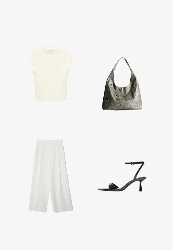 Kortærmet, lys creme top med rund hals, lavet af blødt stof. Den har en afslappet pasform og glat tekstur, der er velegnet til lag-på-lag.; Hvide, brede cropped bukser med en glat overflade, der har en flad front og ingen synlige lukninger eller lommer.; Bershka Højhælede sandaletter / Højhælede sandaler - black; Oliven grøn læderhåndtaske med et slouchy design, der har forskellige størrelser af cirkulære udskæringer og accenter i mørkere og lysere nuancer.