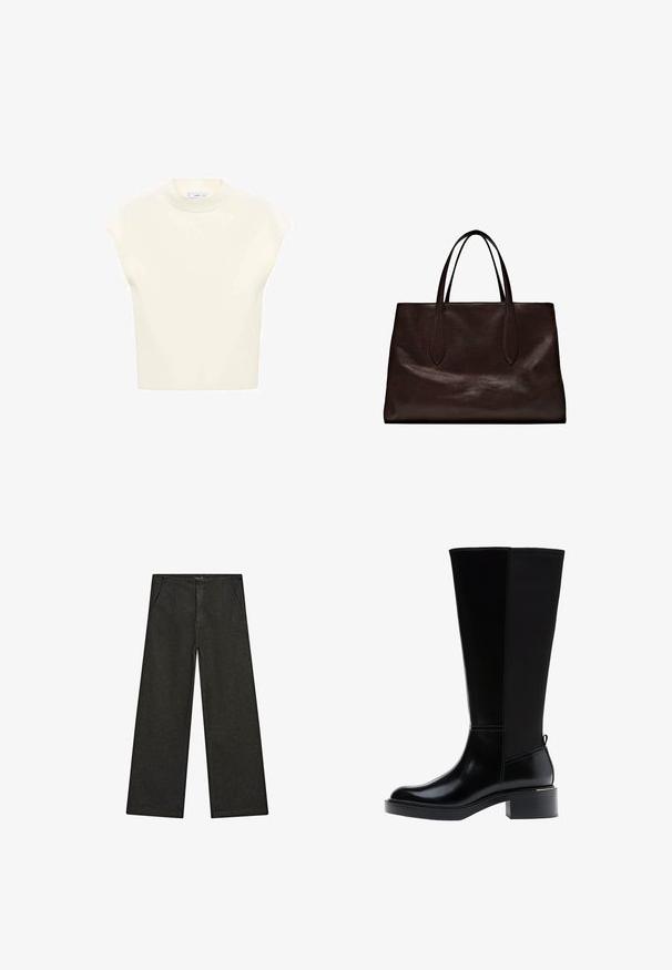 Top a maniche corte, di un color crema chiaro con collo rotondo, realizzato in tessuto morbido. Presenta una vestibilità comoda e una consistenza liscia, adatto per essere indossato a strati.; Pantaloni in denim neri a gamba larga con vita media, due tasche frontali e un design pulito e minimalista senza decorazioni visibili.; Stivale nero fino al ginocchio in pelle liscia, con evidenti cuciture, tacco spesso e pannello posteriore testurizzato per un tocco di interesse in più.; Massimo Dutti Borsa a mano - brown