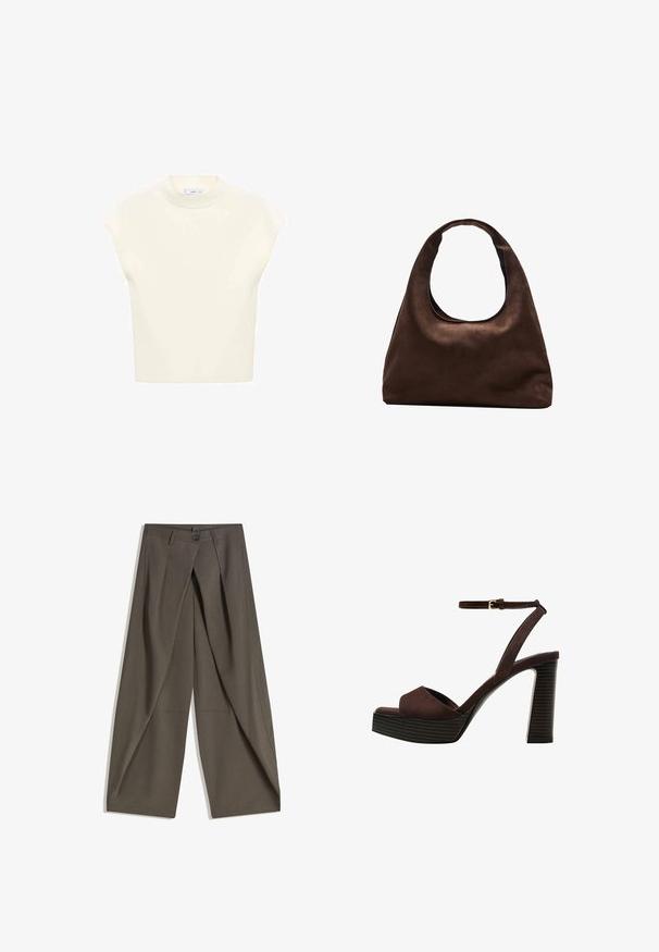 Short-sleeve, light cream top with a round neck, made of soft fabric. Features a relaxed fit and smooth texture, suitable for layering.; Wide-leg trousers made of a textured, dark gray fabric. Features a front pleat, button closure, and side pockets for practicality.; Brown suede high-heeled sandal with an open toe, adjustable ankle strap, and a striped platform sole.; Soft brown hobo-style handbag with a single wide strap and a curved top handle opening, displayed on a white background.