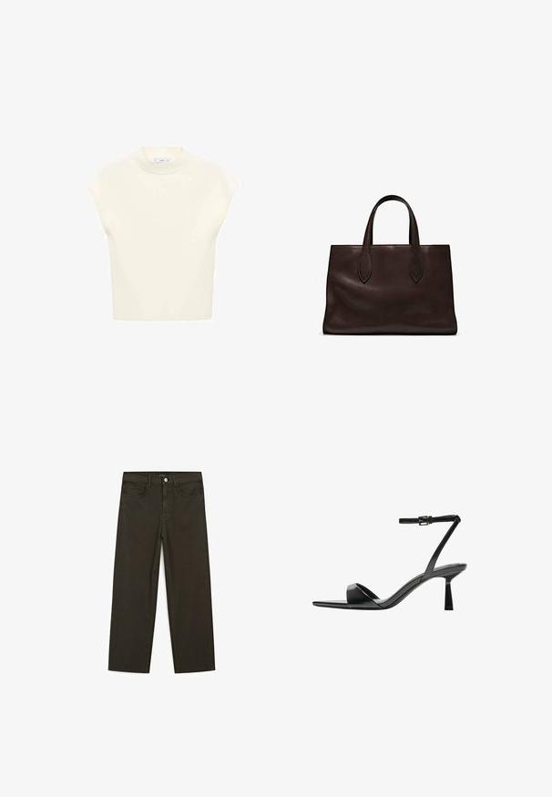 Short-sleeve, light cream top with a round neck, made of soft fabric. Features a relaxed fit and smooth texture, suitable for layering.; Dark green wide-leg jeans made of cotton blend, featuring a front button closure, five pockets, and classic denim stitching.; Bershka High heeled sandals - black; Brown leather tote bag with two elongated handles, structured rectangular shape, smooth texture, and subtle stitching details.
