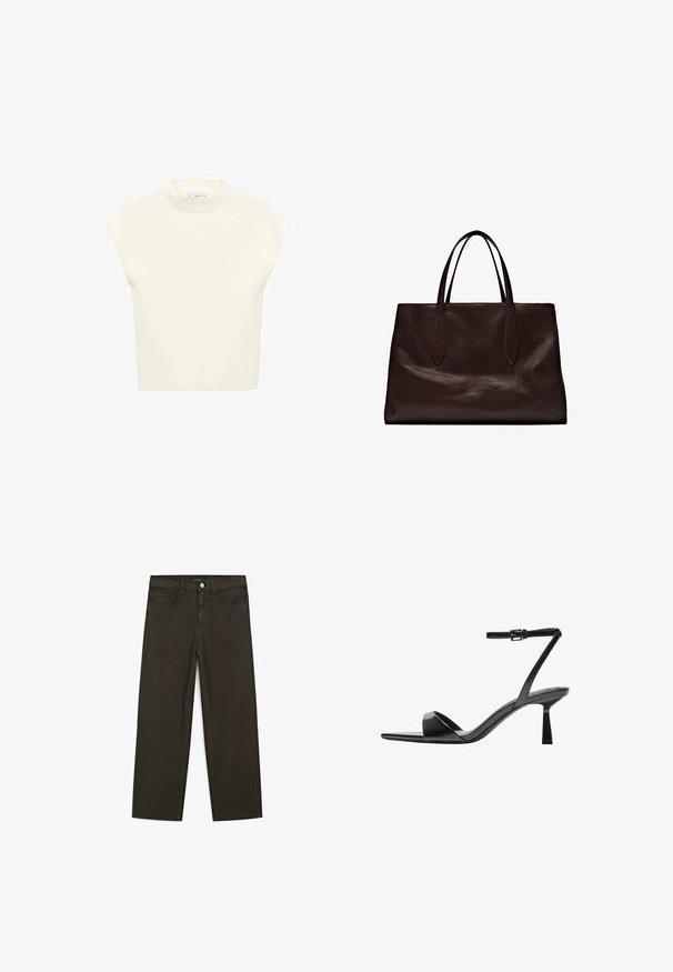 Short-sleeve, light cream top with a round neck, made of soft fabric. Features a relaxed fit and smooth texture, suitable for layering.; Dark green wide-leg jeans made of cotton blend, featuring a front button closure, five pockets, and classic denim stitching.; Bershka High heeled sandals - black; Massimo Dutti Handbag - brown