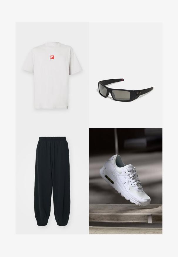 Camiseta branca de algodão com decote redondo, apresentando um logotipo vermelho da Nike Air no peito e uma etiqueta discreta na lateral. Mangas curtas, ajuste descontraído.; Calças de fato de treino pretas, com cintura elástica e um corte solto, com punhos nas pernas, textura suave e sem padrões visíveis ou detalhes de metal.; Sapatilha Nike Air Max 90 branca com parte superior em malha e couro, caixa de dedos perfurada e uma unidade de ar visível no calcanhar.; Óculos de sol pretos com acabamento mate, lentes retangulares, leve curvatura nas hastes, detalhe sutil do logo e lentes de cor fumada.